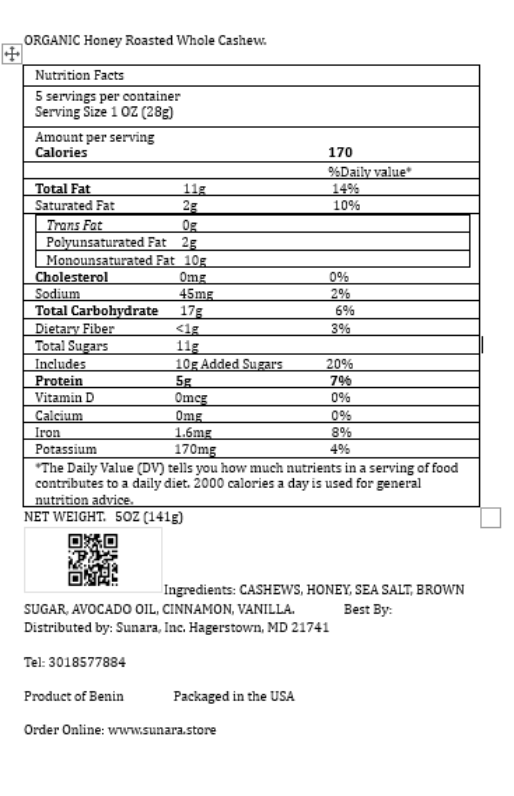 ORGANIC Honey Roasted Whole Cashew.5 OZ (141g)