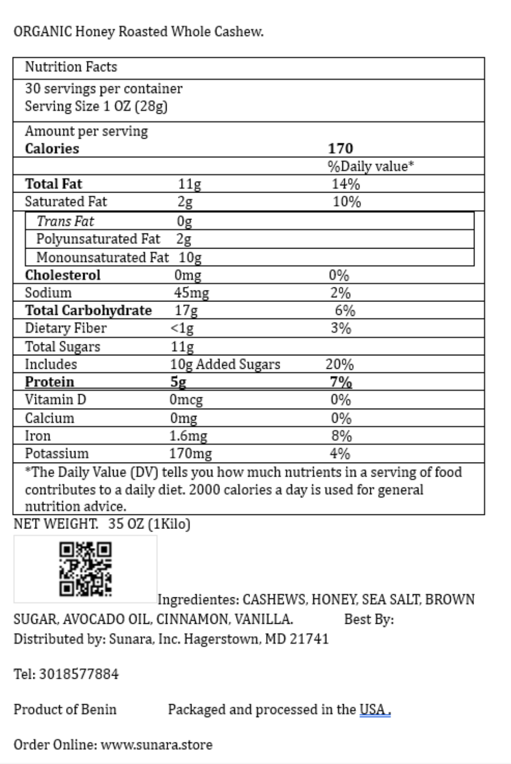 Honey Roasted Whole Cashew.35 OZ(1 Kg)